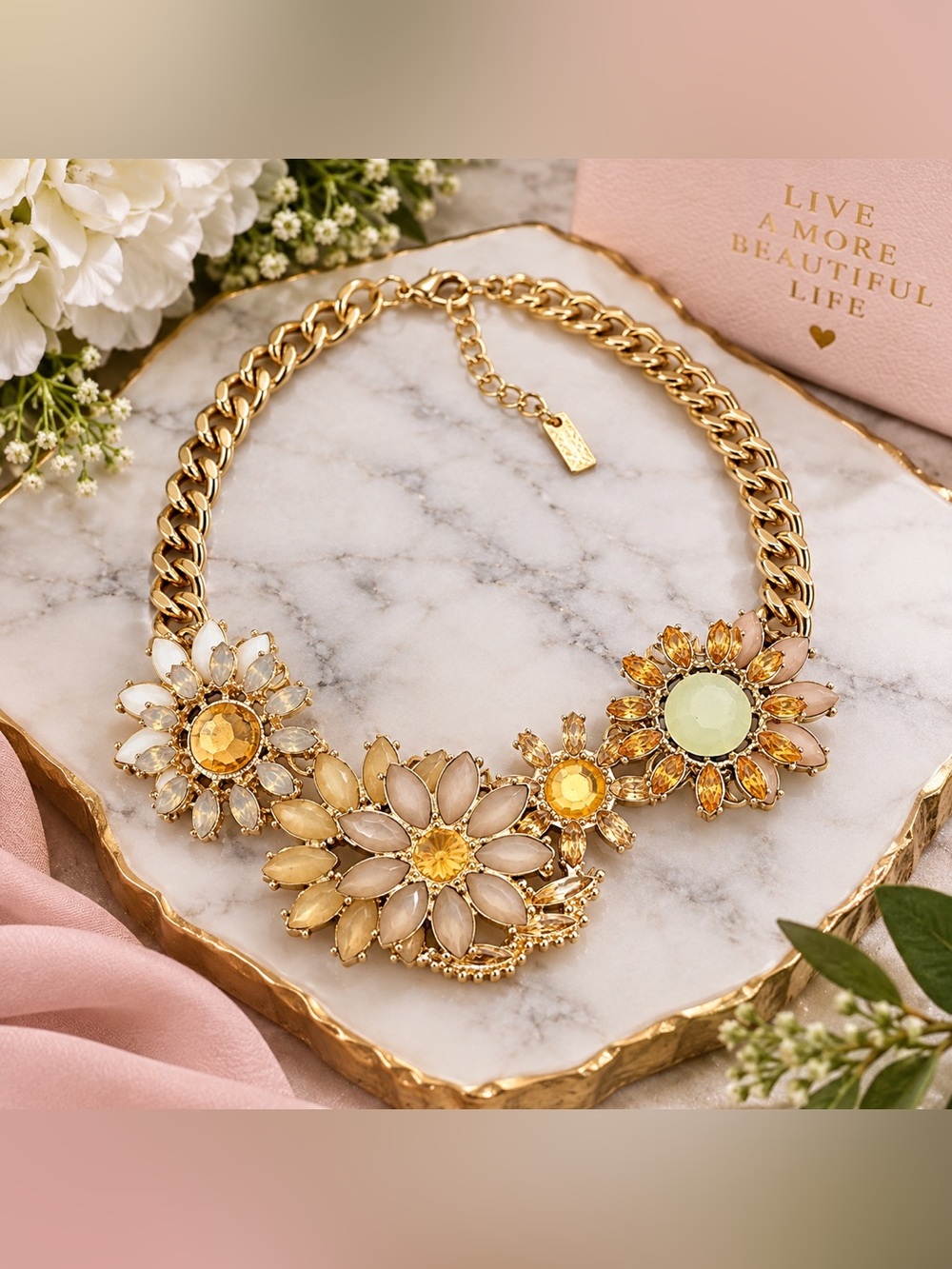 Gorgeous Gold-Tone Floral Statement Necklace – Champagne, Cream & Ivory